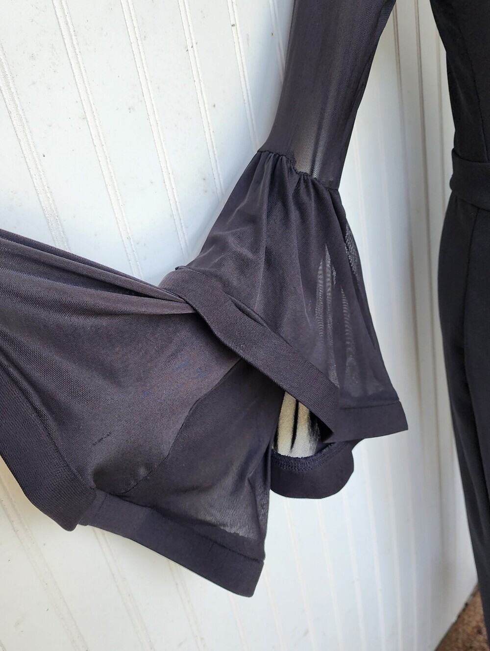 Venus Jumpsuit Skinny Leg Womens Black Mesh Top Layered Flared Wired Sleeves M - Picture 7 of 16